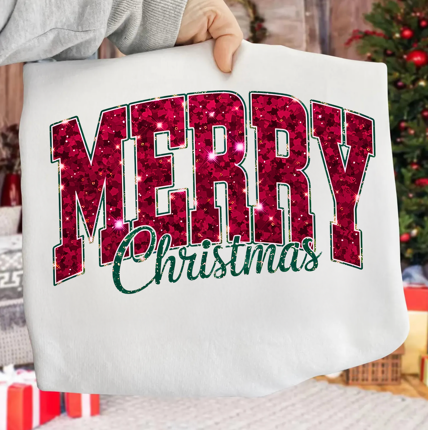 Faux Glitter Merry Christmas Crew