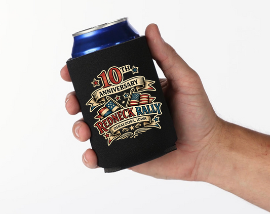 Hand holding a can cooler with '10th Anniversary Redneck Rally' design on a white background