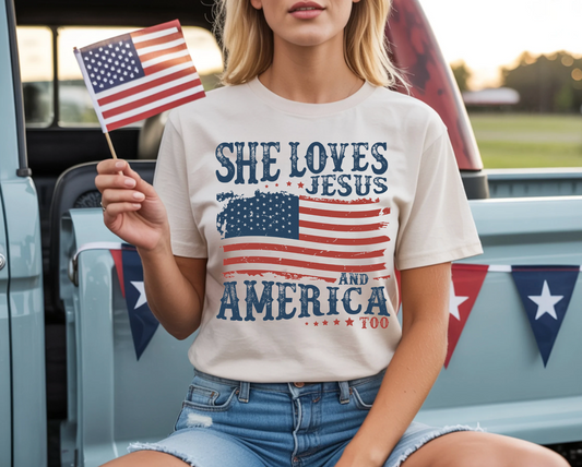 She Loves Jesus + America Too T-Shirt